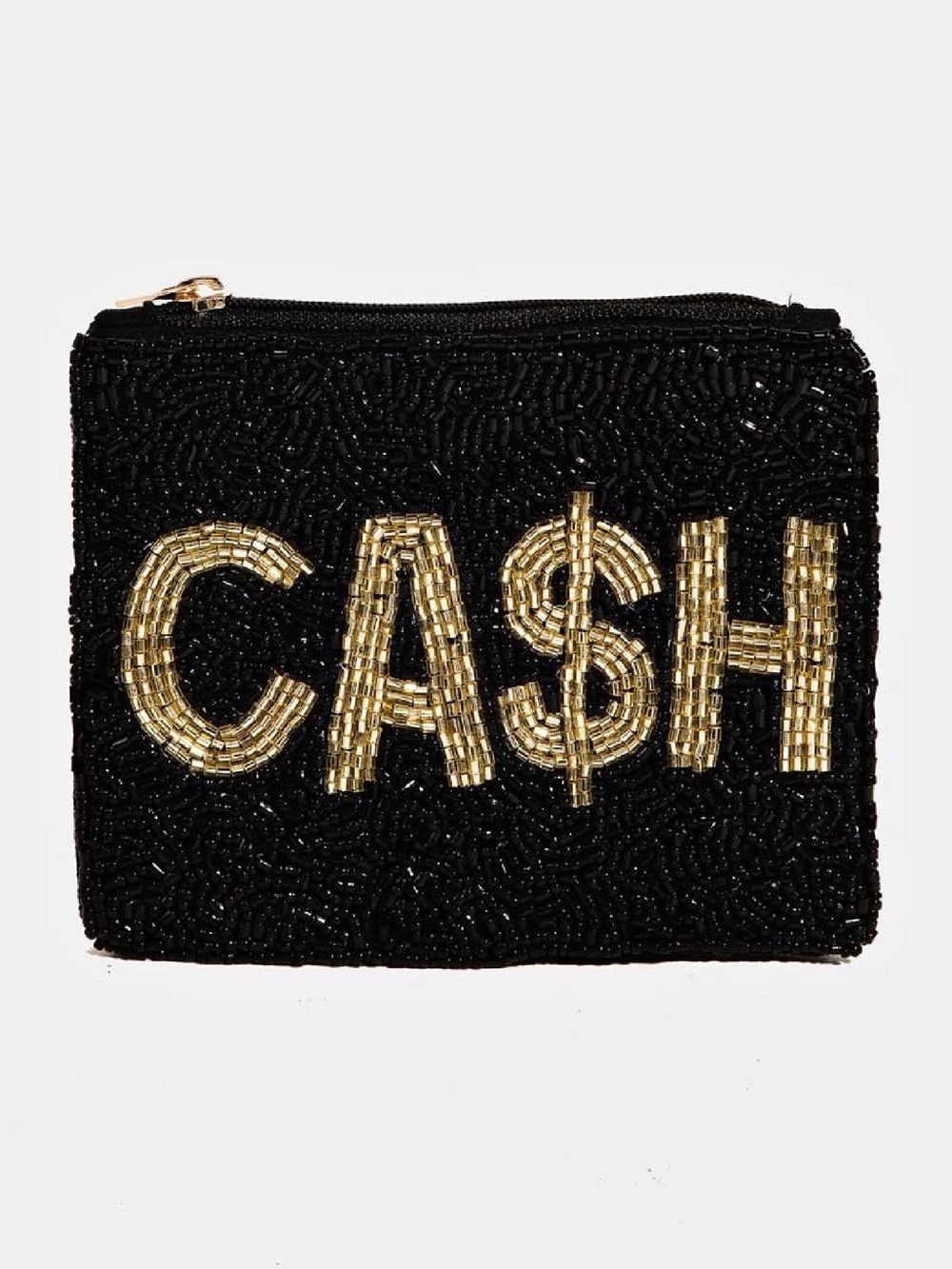 Black Beaded Zip Pouch with Gold 'CA$H' Accent